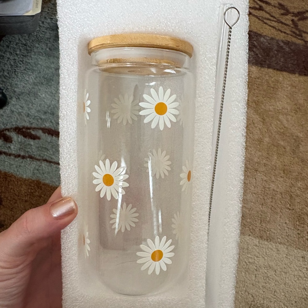 Daisy Glass Tumbler with Bamboo Lid